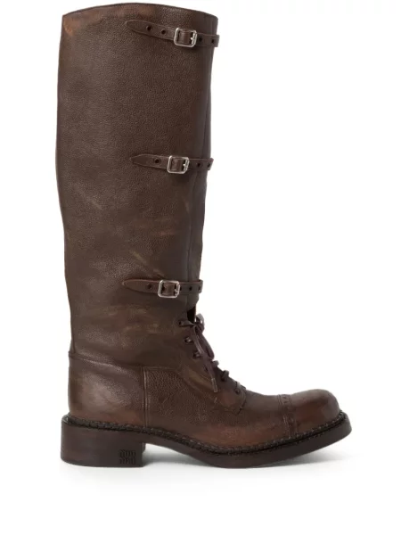 Botine Miu Miu cu șireturi din piele maro