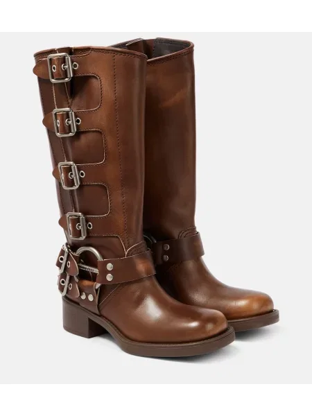 Kožne čizme Miu Miu sa šiljcima crna