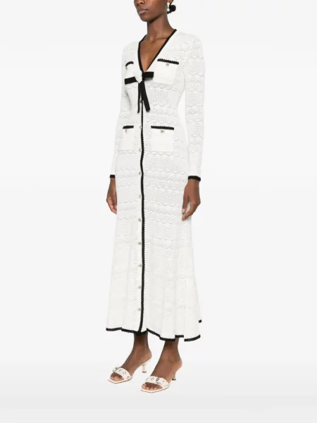 Rochie midi Self-portrait cu funde tricotate alb