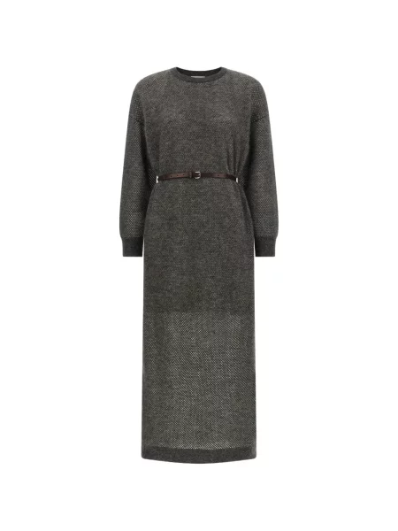 Cu centură rochie midi Brunello Cucinelli tricotate gri