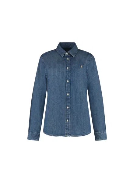 Bluzka Ralph Lauren z twillu z długim rękawem niebieska