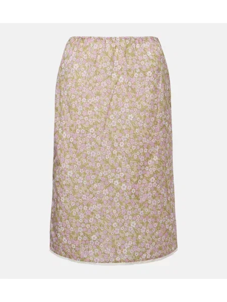 Fustă midi Prada cu model floral din dantelă verde