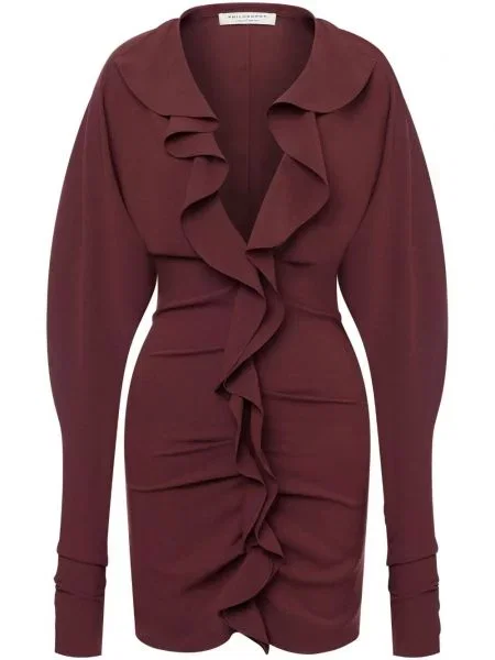 Rochie mini Philosophy Di Lorenzo Serafini cu decolteu în V cu volane de costum maro
