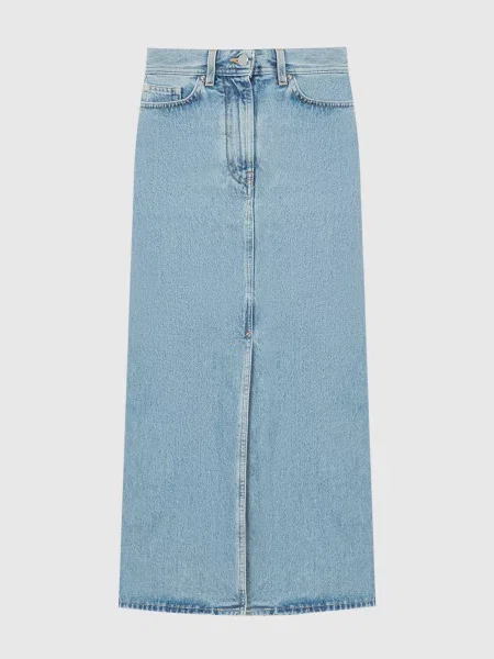 Джинсова спідниця міді Rona з патчем логотипа Lou Lou Studio блакитна