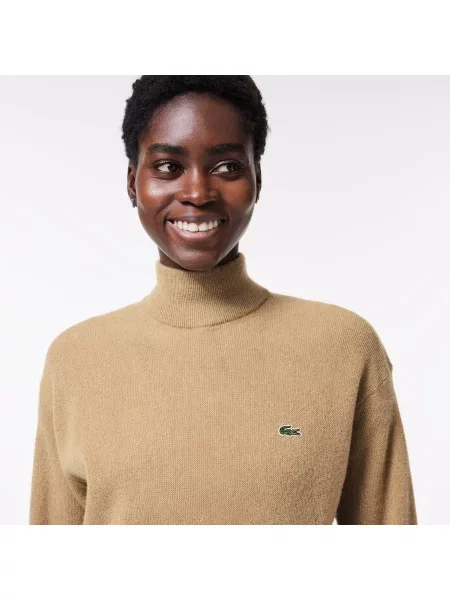Lacoste Wełniany Sweter Z Wysokim Kołnierzem brązowy