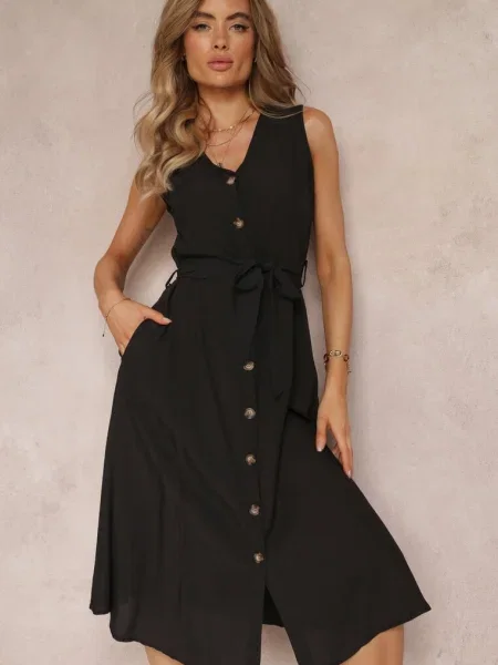 Rochie Trapez Midi fără Mâneci cu Centură de Legare Ajana neagră