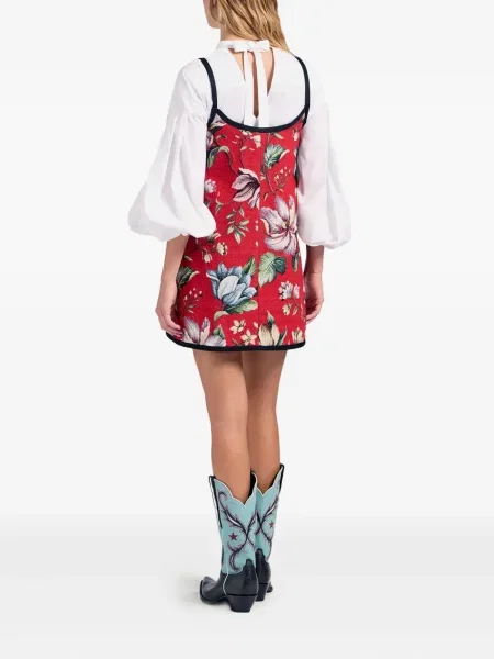 Rochie La Doublej cu model floral din jacard de costum roșu