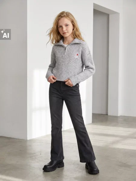 Sinsay Žebrovaný svetr half-zip s výšivkou pudla šedá