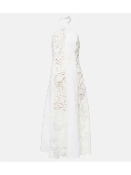 Midi obleka Oscar De La Renta s čipko povodcem bela