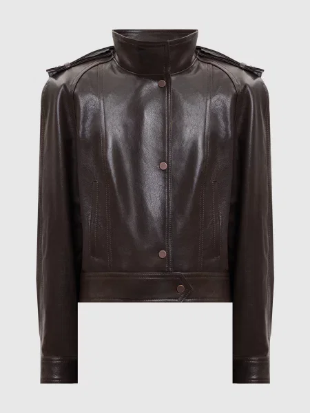 Шкіряна куртка з акцентними плечима Babe Pay Pls коричнева