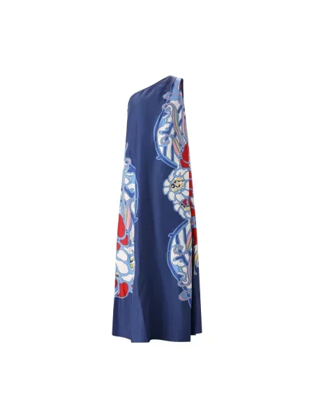 Jedwabna sukienka maxi La Doublej na jednym ramieniu garniturowa niebieska