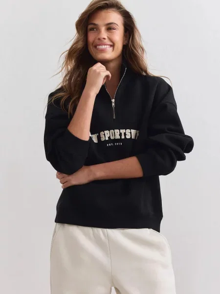 Bluza dresowa z półzamkiem drapana luźna Varsity czarny