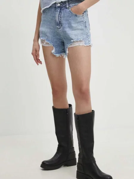 Дънков къс панталон Answear Lab с изчистен дизайн с висока талия синьо