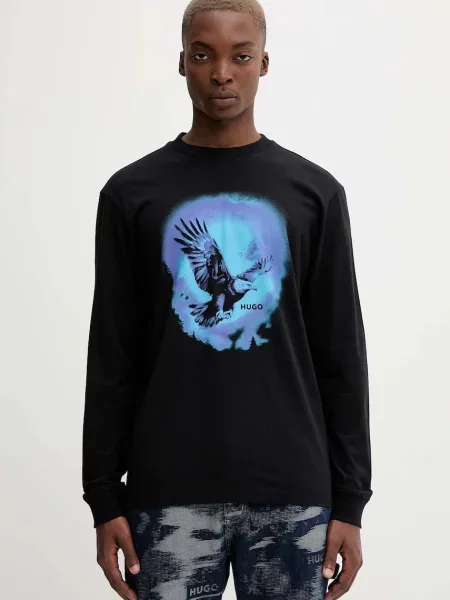 Tričko s dlouhým rukávem Hugo Blue s potiskem černá