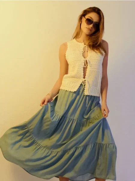 Міді спідниця з ефектом ступінчастості з ліоцелу light blue синя