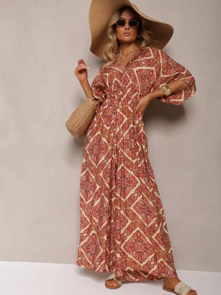 Fuksjowo-Beżowy Boho Kombinezon z Wiązaniem na Plecach z Gumką w Pasie i Długimi Nogawkami Sopolia beżowy