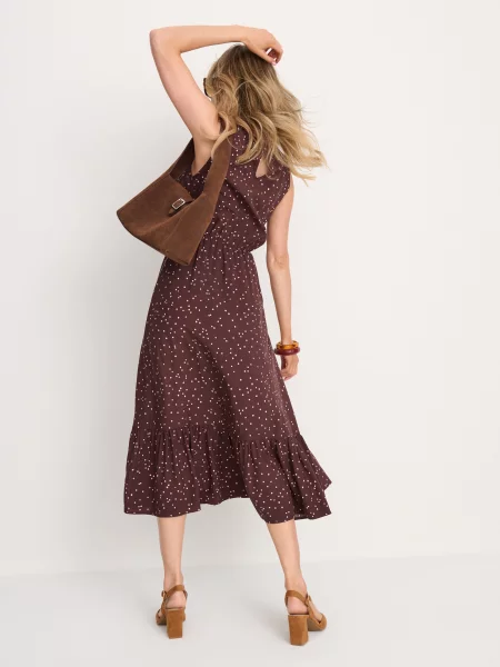 Міді сукня в горошок з воланом темно коричневий