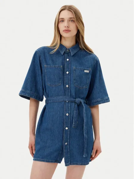 Рокля с лен Calvin Klein Jeans къса със стандартна кройка синьо