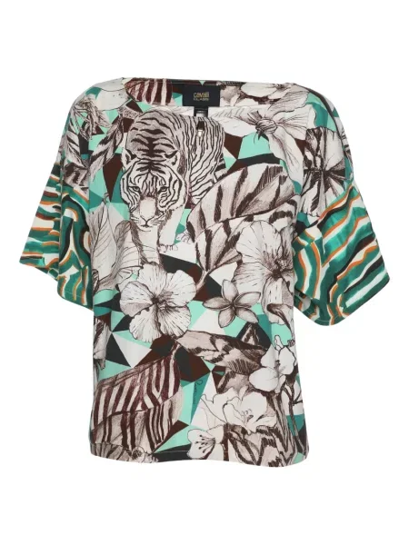 Koszulka Cavalli Class w kwiatki z nadrukiem zielona