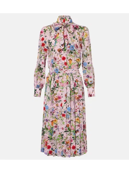 Rochie tip cămașă Gucci de mătase cu model floral roz