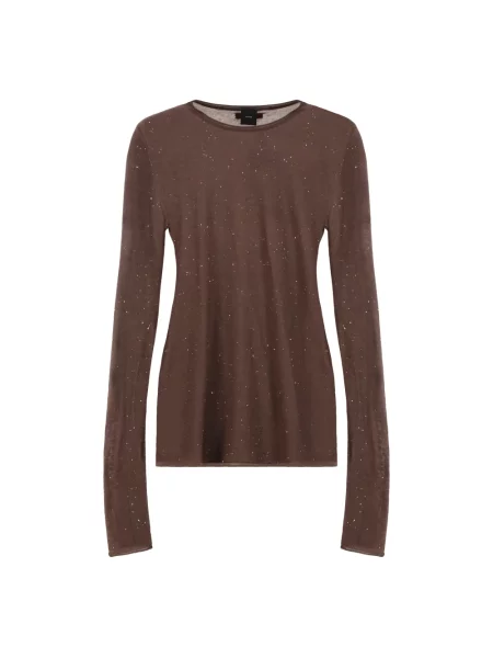 Sweter Pinko wełniany z długim rękawem z cekinami brązowy