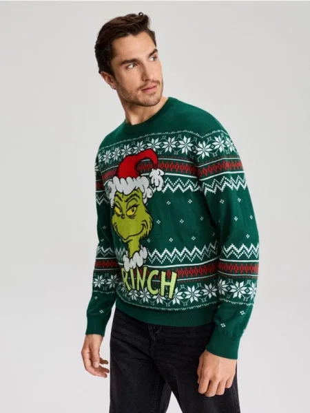 Sinsay Vánoční svetr s bavlnou Grinch zelená