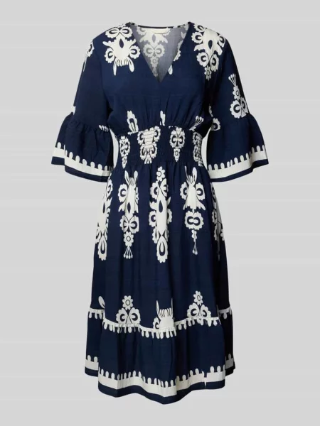 Sukienka tunikowa do kolan z mieszanka z dekolt w serek Apricot granatowa