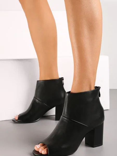 Botine cu Pătrat cu Vârful Decupat Leocadie negre