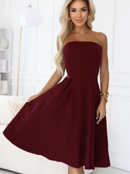 Sukienka midi Numoco do kolan z gorsetem dzwony bordowa