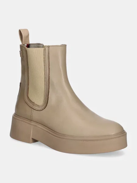 Кожени боти челси Tommy Hilfiger MINIMAL LEATHER CHELSEA LOGOTAPE с равна подметка бежово