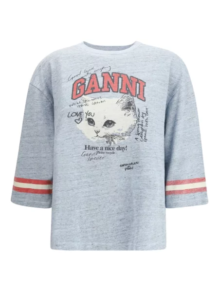 Тениска Ganni на райета с принт синьо