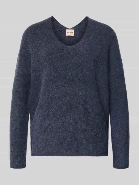 Sweter z dzianiny z mieszanka wełny z dekolt w serek model THORA' Mos Mosh granatowy