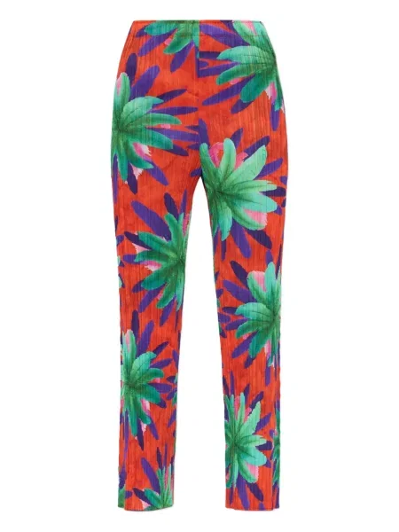 Pantaloni Pleats Please Issey Miyake cu model floral cu imagine plisate roșu