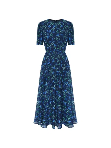 Rochie midi Post Meridiem cu model floral cu imagine până la genunchi albastru
