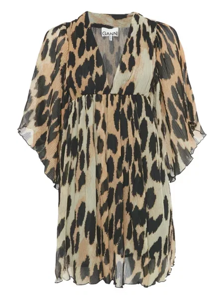 Rochie mini Ganni cu imagine cu model leopard de costum maro