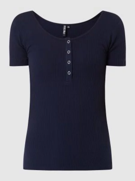 T-shirt z prążkowaną fakturą model ‘Kitte’ Pieces granatowa