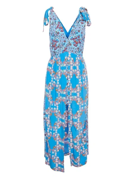 Rochie Sandro cu model floral din crep de costum albastru