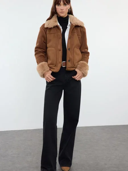 Palton Trendyol din piele de căprioară maro