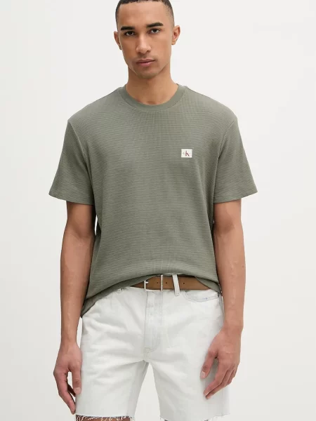 T-shirt Calvin Klein Jeans Ss Waffle Woven Label Crewnk Tee Dusty Olive L zielona
