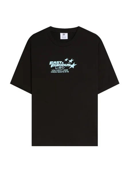 Bershka Majica FAST&FURIOUS svetlo modra črna