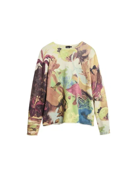 Desigual Pulover maro / verde deschis / roz pitaya / lână alb