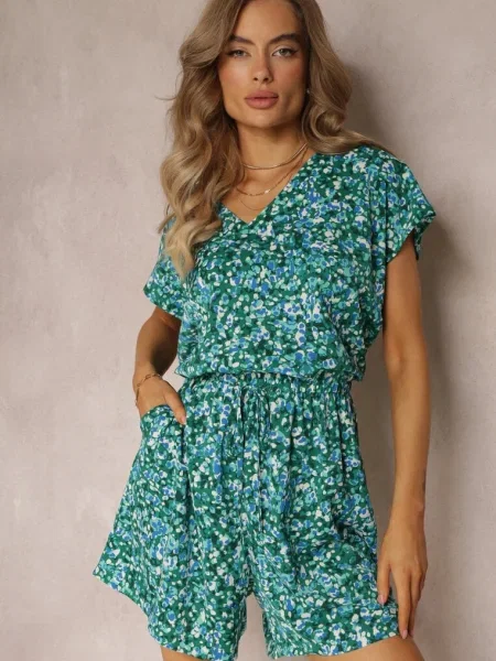 Salopetă Florală cu Mâneci Scurte și Pantaloni Scurți Olyssa verde