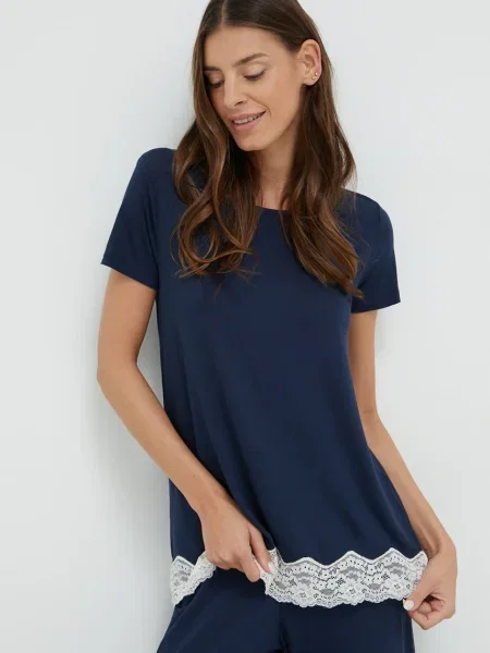 Горнище на пижама с къси ръкави United Colors of Benetton тъмносиньо