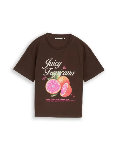 TOM TAILOR DENIM Tričko tmavě hnědá / oranžová offwhite pink