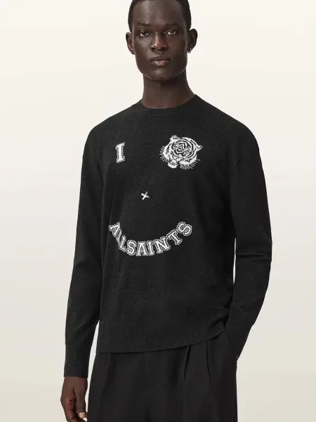 AllSaints svetr pánský s vlnou GRINNER CREW černý