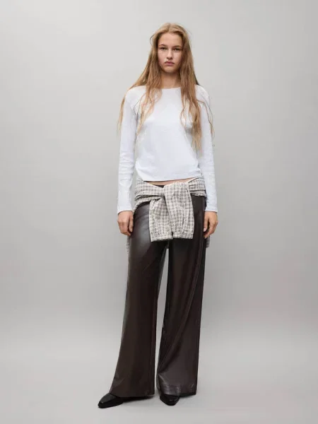 Spodnie wide leg ze sztucznej skóry Teen L MANGO TEEN brązowy