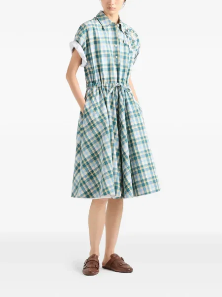 Rochie Prada cu broderie în carouri de costum verde