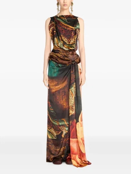 Lung rochie Dries Van Noten din satin drapată maro