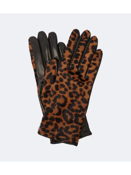 Mănuși Nour Hammour din piele cu imagine cu model leopard maro