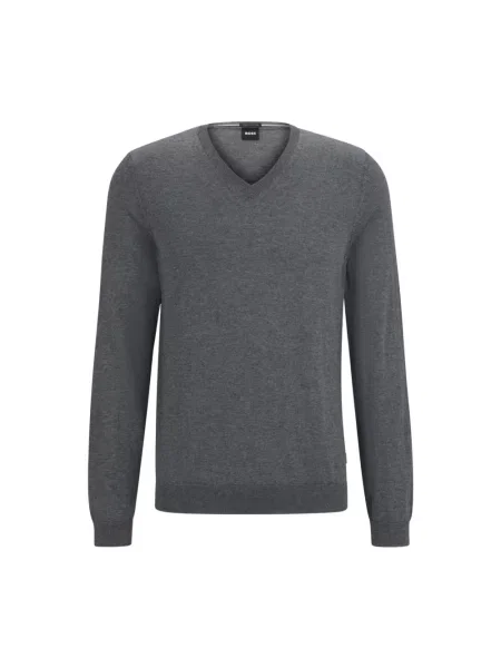 Sweter Boss wełniany z dekoltem w serek szary